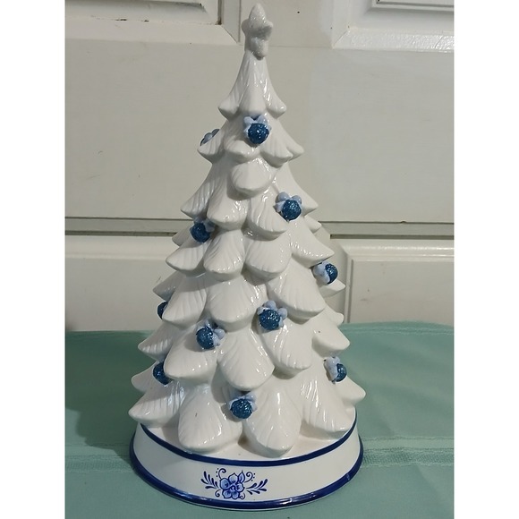 Other - White Ceramic Christmas Tree Blue Accents Star Topper Tabletop Decor